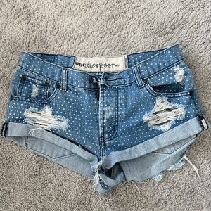 One Teaspoon Blue Polka Dot Distressed Denim Cutoff Shorts